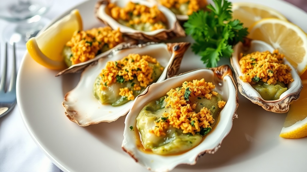 Classic Oysters Rockefeller Recipe Baked Oysters Rockefeller on a plate, topped with crispy herb mixture, garnished with parsley and lemon.